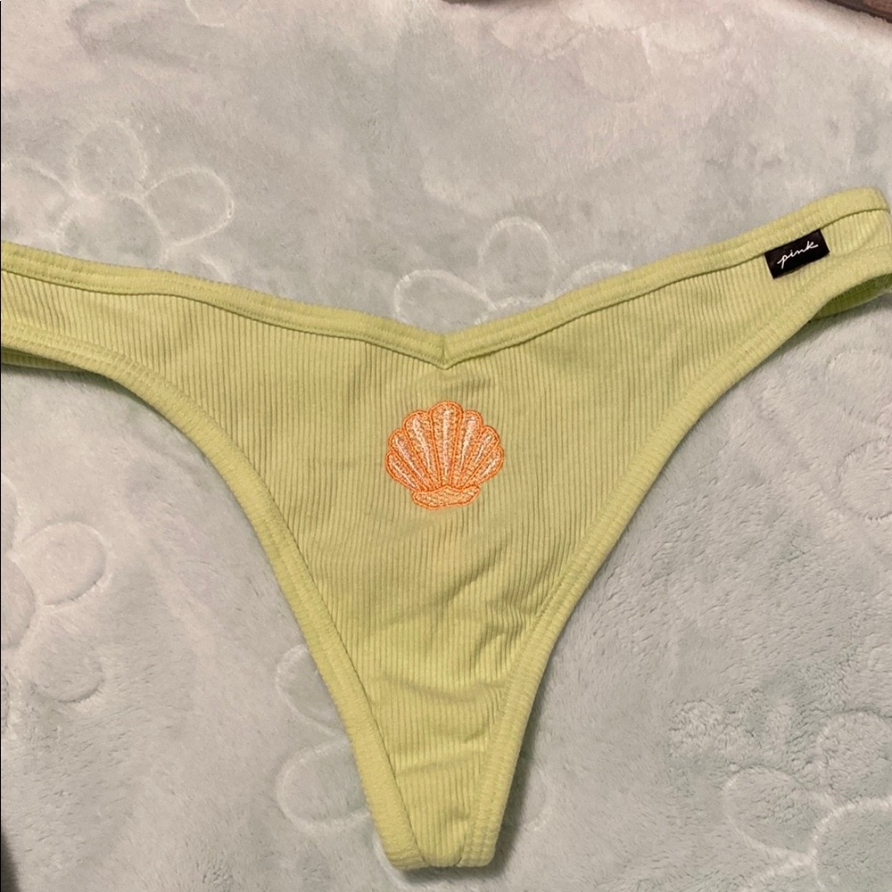 PINK Victoria's Secret Light Green Thong with Shell Embroidery